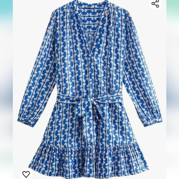 Zara The Paula Blue and White Geometric Design Dress Size XXL Belted - Picture 4 of 16